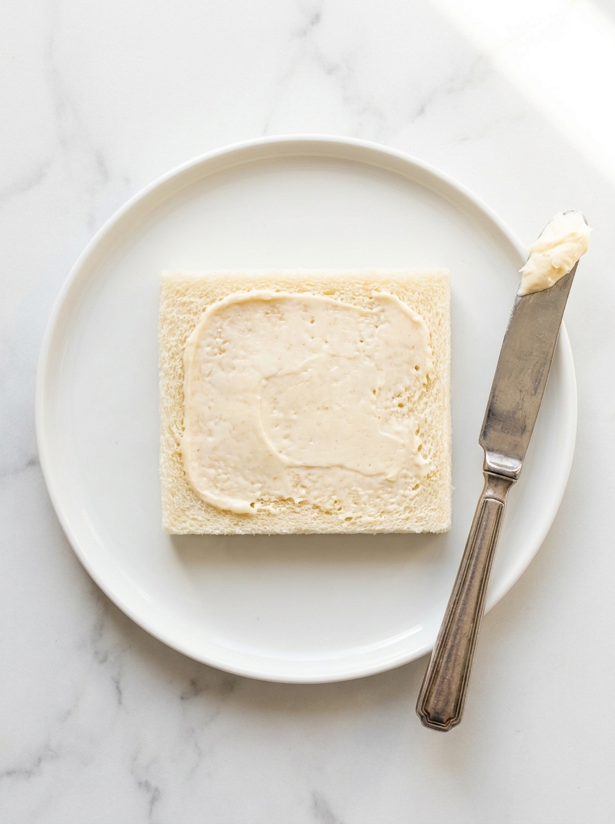 A slice of white bread with the crusts removed spread with a thin layer of honey butter.