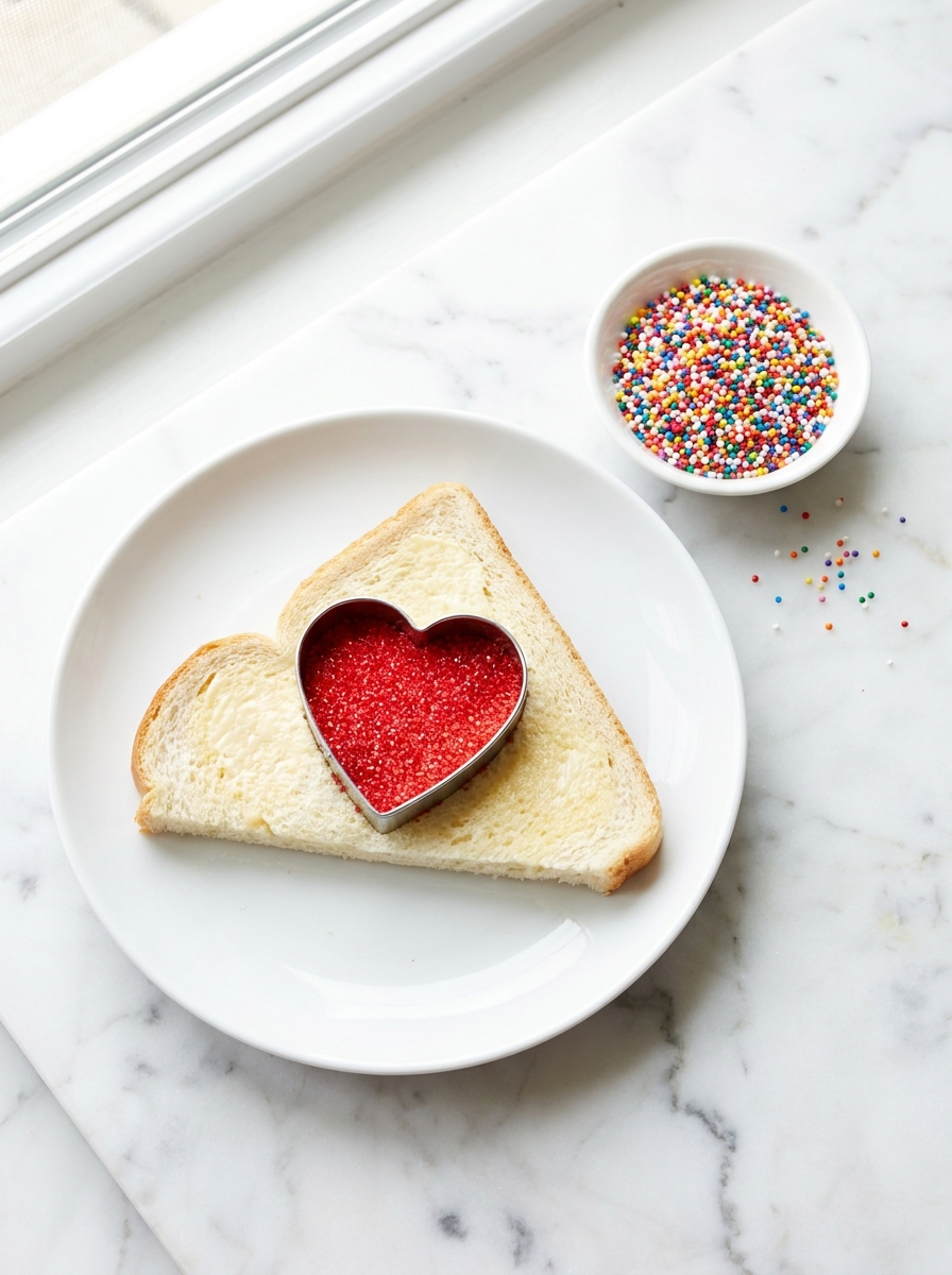 A heart cookie cutter on the buttered bread filled with red sugar sprinkles.