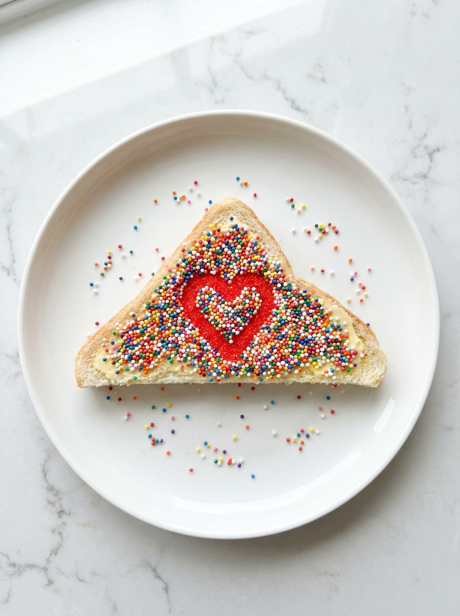 Rainbow nonpareils sprinkled over the rest of the Fairy Bread triangle around the red heart.