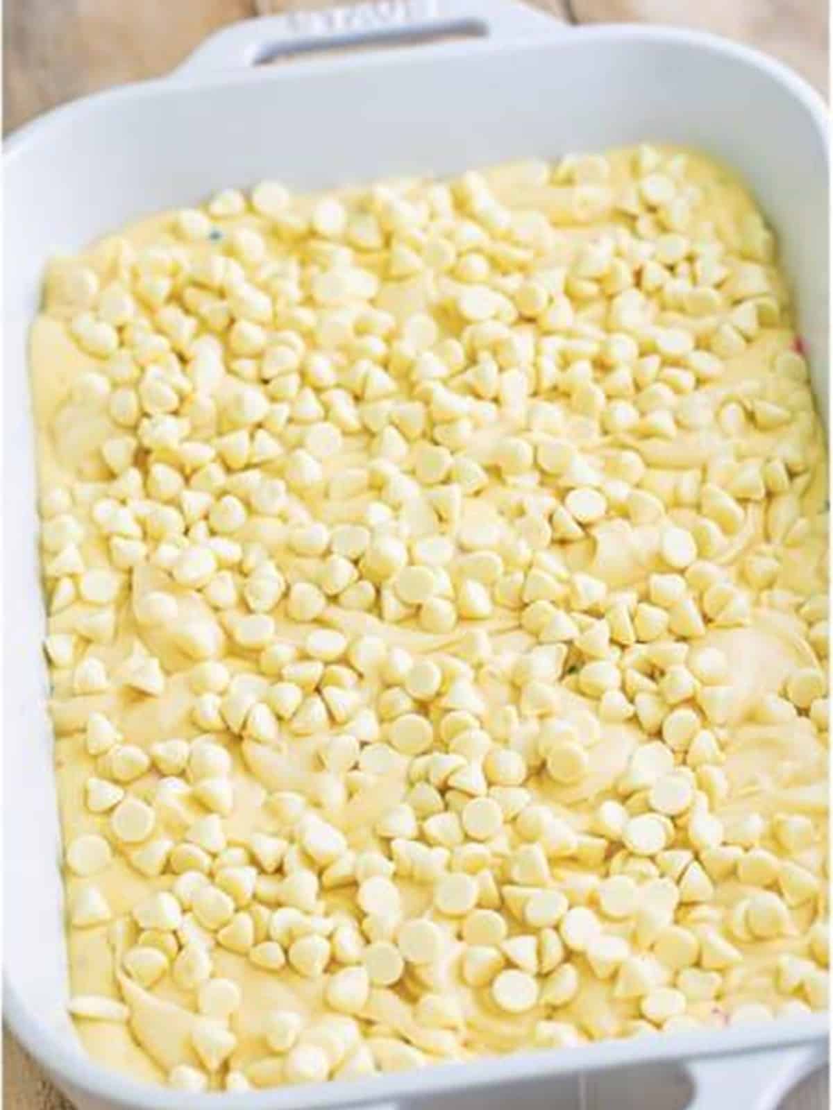 Remaining white chocolate chips sprinkled on top before baking.