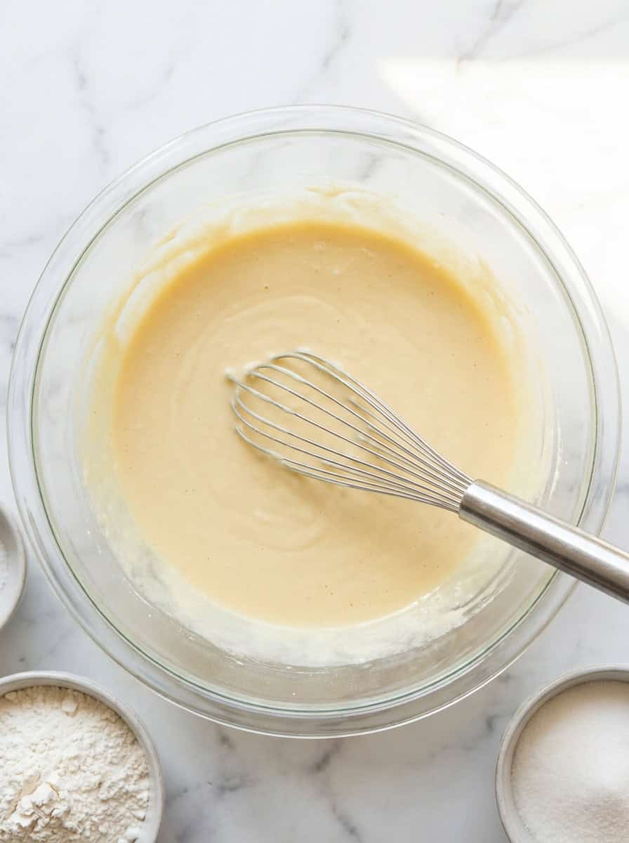 Smooth Funnel Cake batter whisked together in a glass mixing bowl.