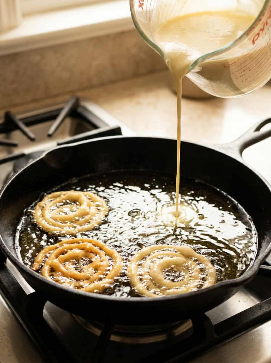 Funnel Cake batter being poured in a spiral into hot oil in a skillet.