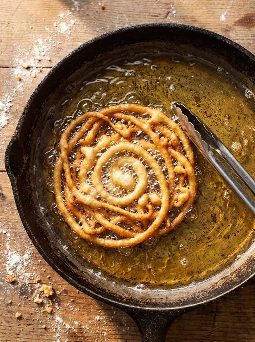 A lacy Funnel Cake frying in bubbling oil until deep golden brown.