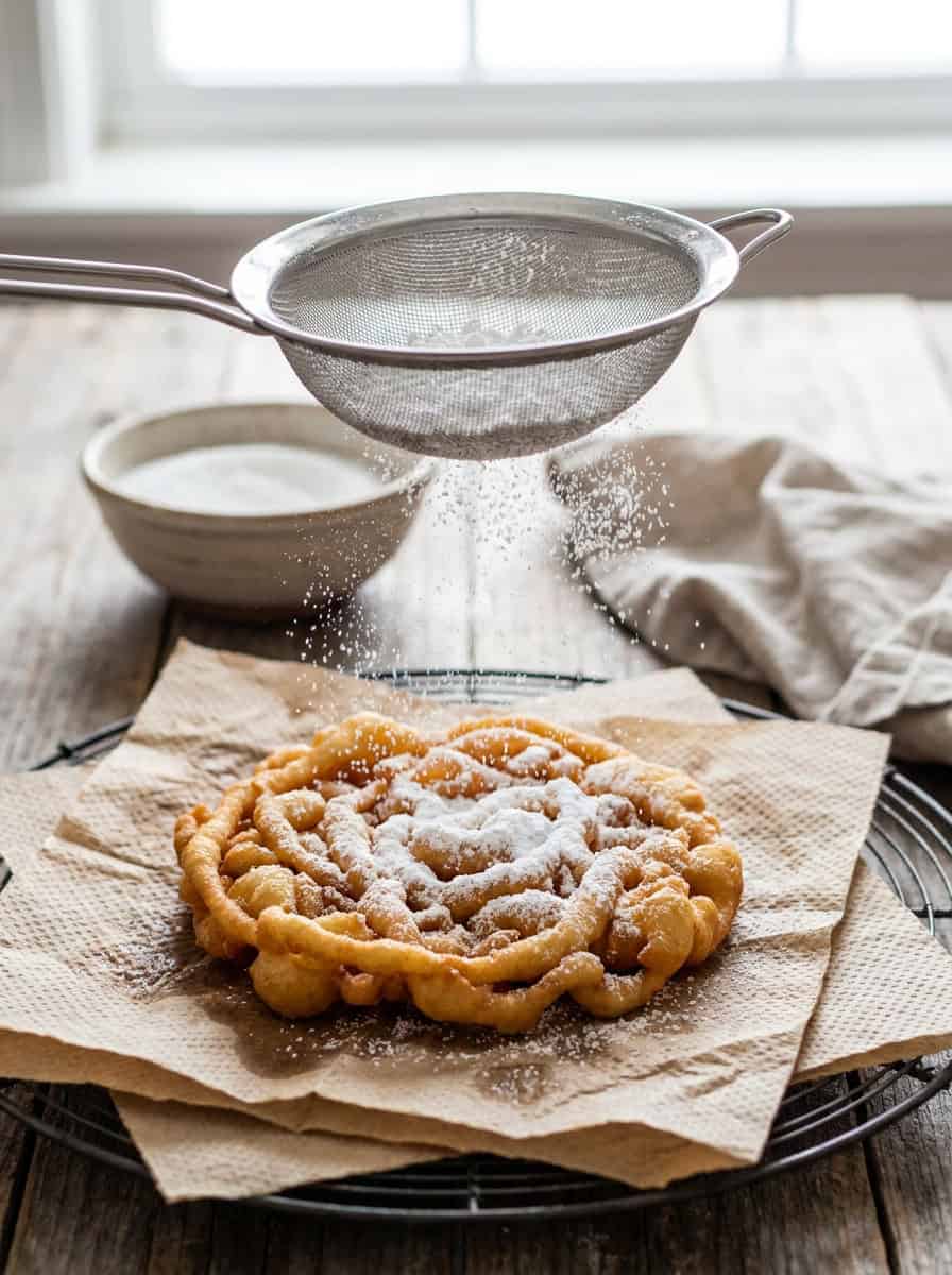 Powdered sugar being dusted through a sieve over a fried Funnel Cake.