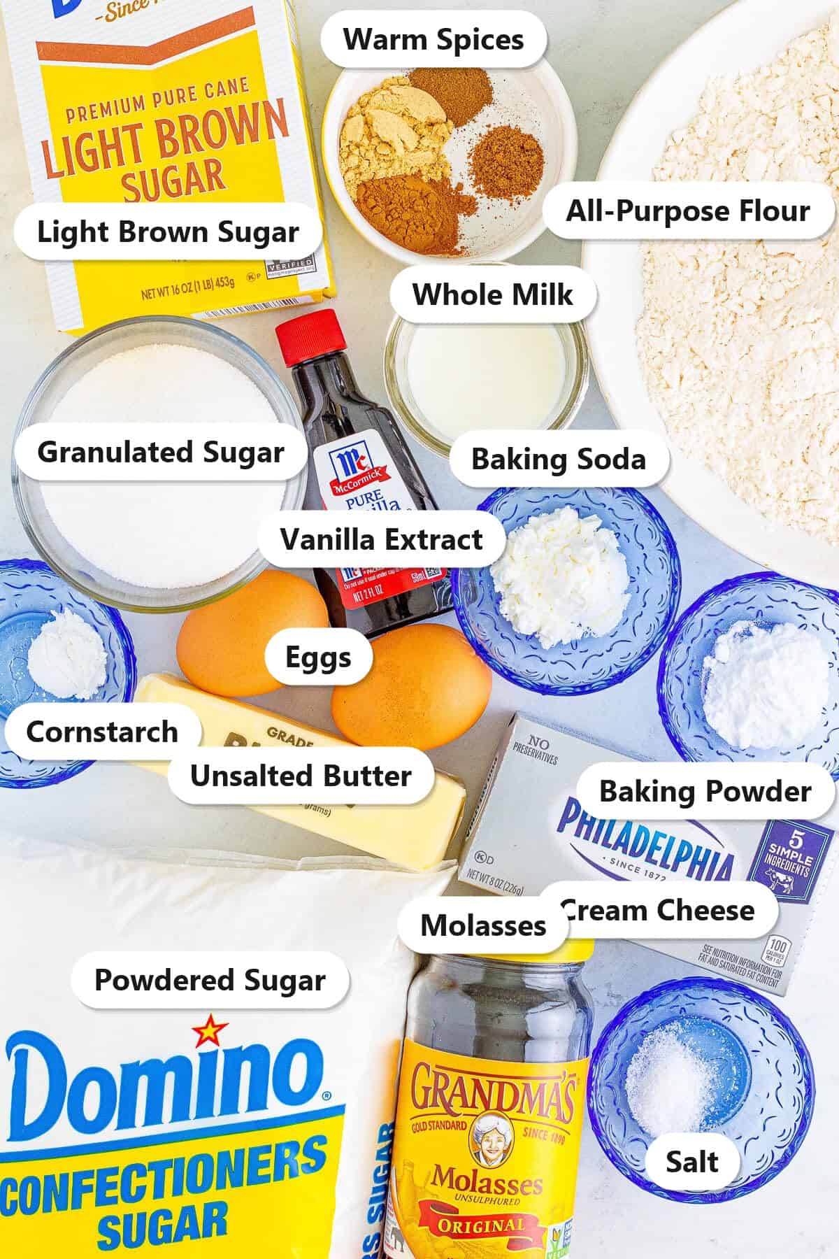 Labeled ingredients for gingerbread bars including flour, brown sugar, molasses, warm spices, butter, eggs, cream cheese, and powdered sugar.