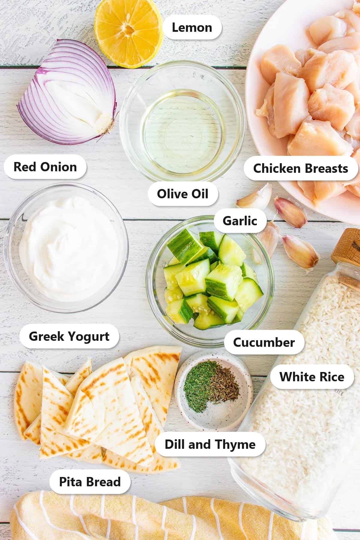Labeled ingredients for Greek Chicken Bowls including chicken breasts, Greek yogurt, cucumber, red onion, lemon, garlic, olive oil, dill and thyme, white rice, and pita bread.