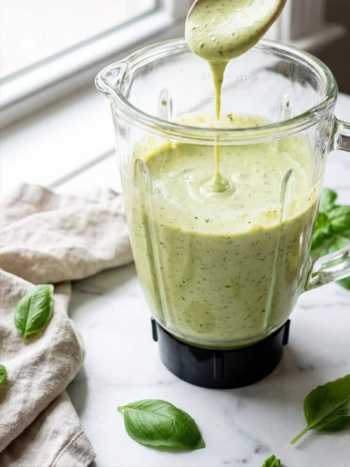Smooth pale green creamy taco sauce in the blender jar after blending.