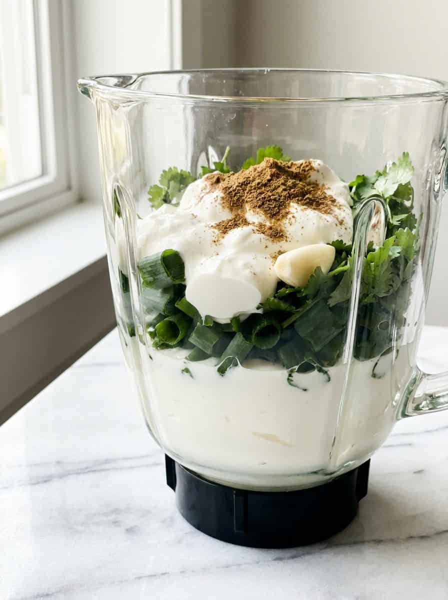 Blender jar filled with sour cream, scallions, cilantro, garlic, and cumin ready to blend.
