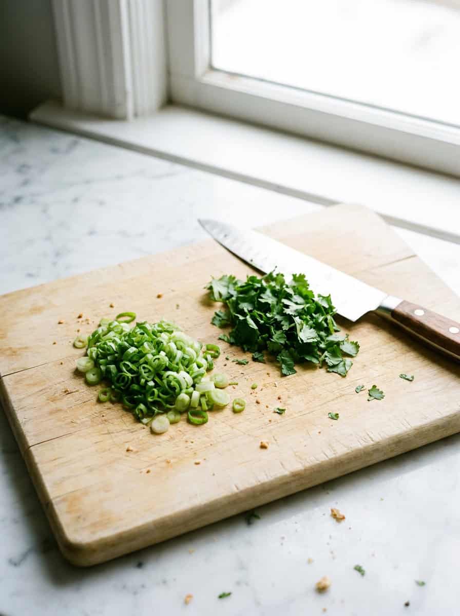 Finely sliced scallions and rough chopped cilantro on a wooden cutting board for Green Taco Sauce.