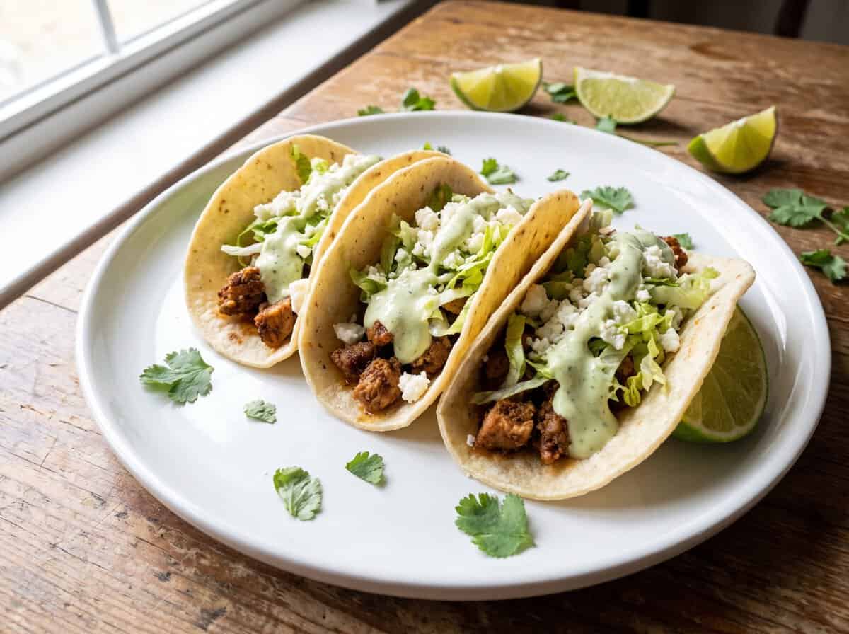 Street tacos on a white plate drizzled generously with creamy Green Taco Sauce.