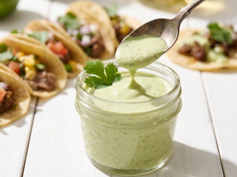 Creamy Green Taco Sauce in a glass jar with a spoon drizzle and street tacos in the background.