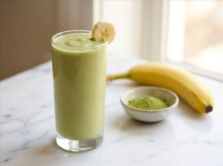 A tall glass of creamy green tea smoothie garnished with a banana slice next to a ripe banana and a bowl of matcha powder.