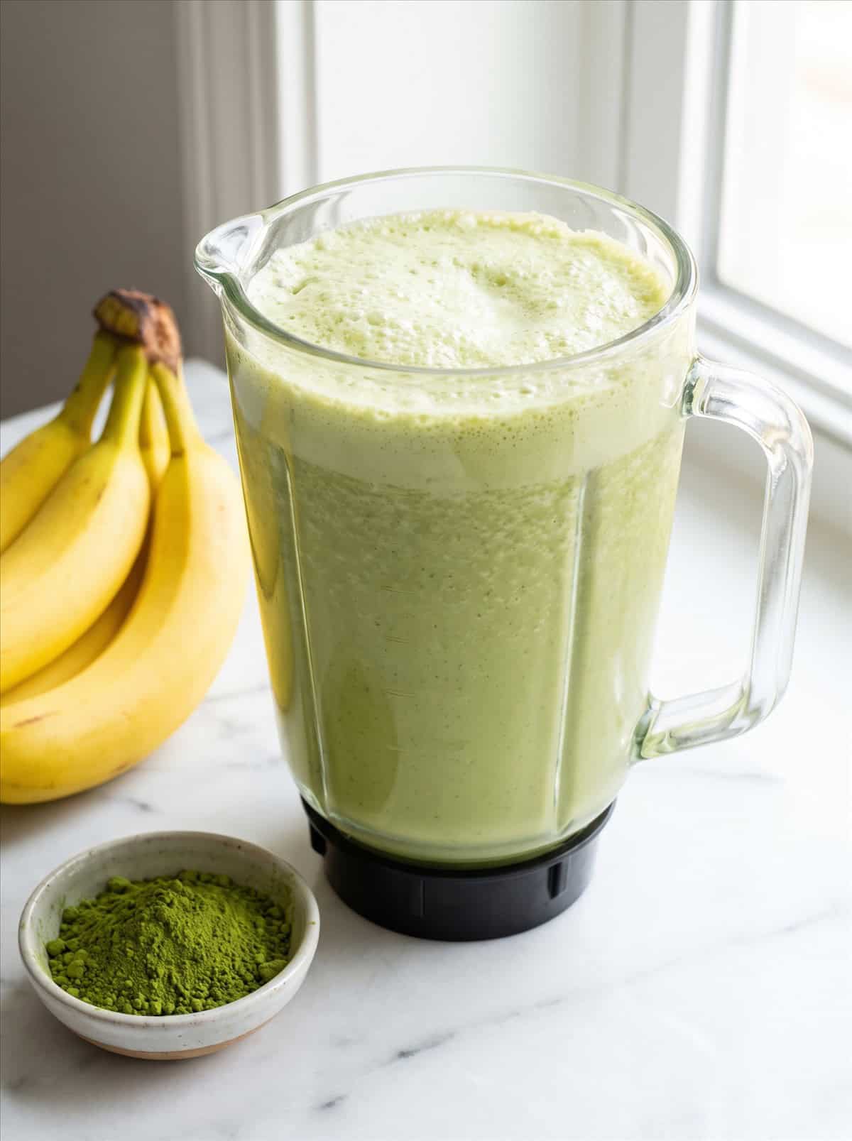 A blender jar filled with freshly blended green tea smoothie next to ripe bananas and a bowl of matcha powder.