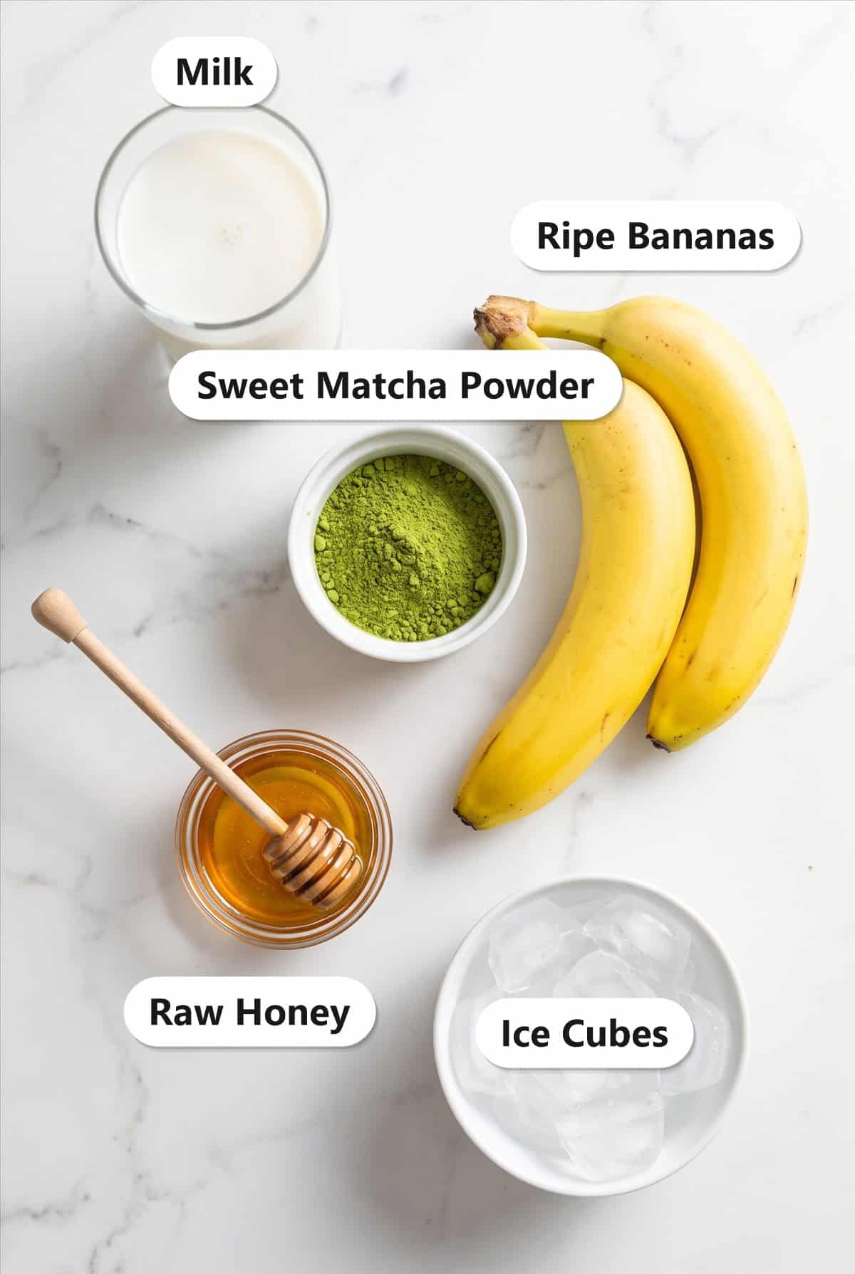 Labeled ingredients for a green tea smoothie: milk, sweet matcha powder, ripe bananas, raw honey, and ice cubes.