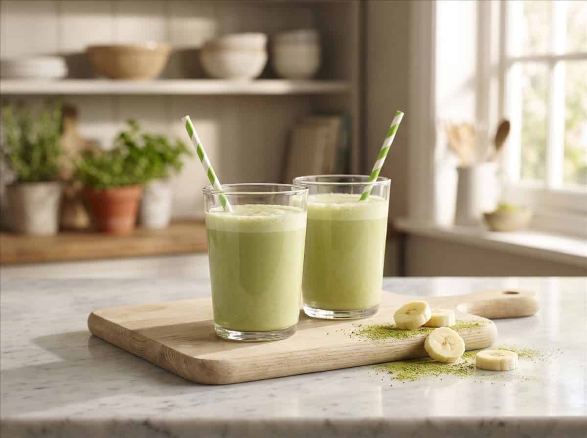 Two glasses of green tea smoothie with striped paper straws on a wooden board with banana slices and a dusting of matcha.