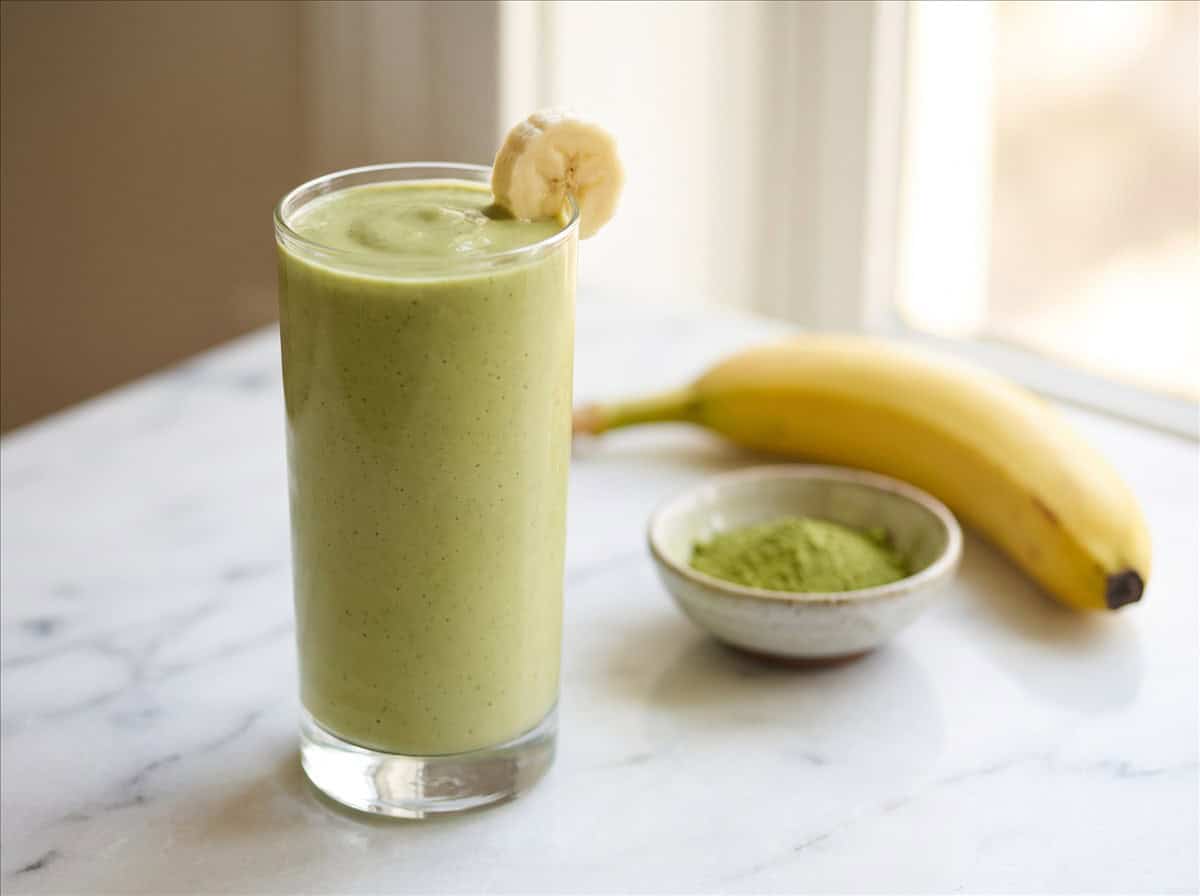 A tall glass of creamy green tea smoothie garnished with a banana slice next to a ripe banana and a bowl of matcha powder.