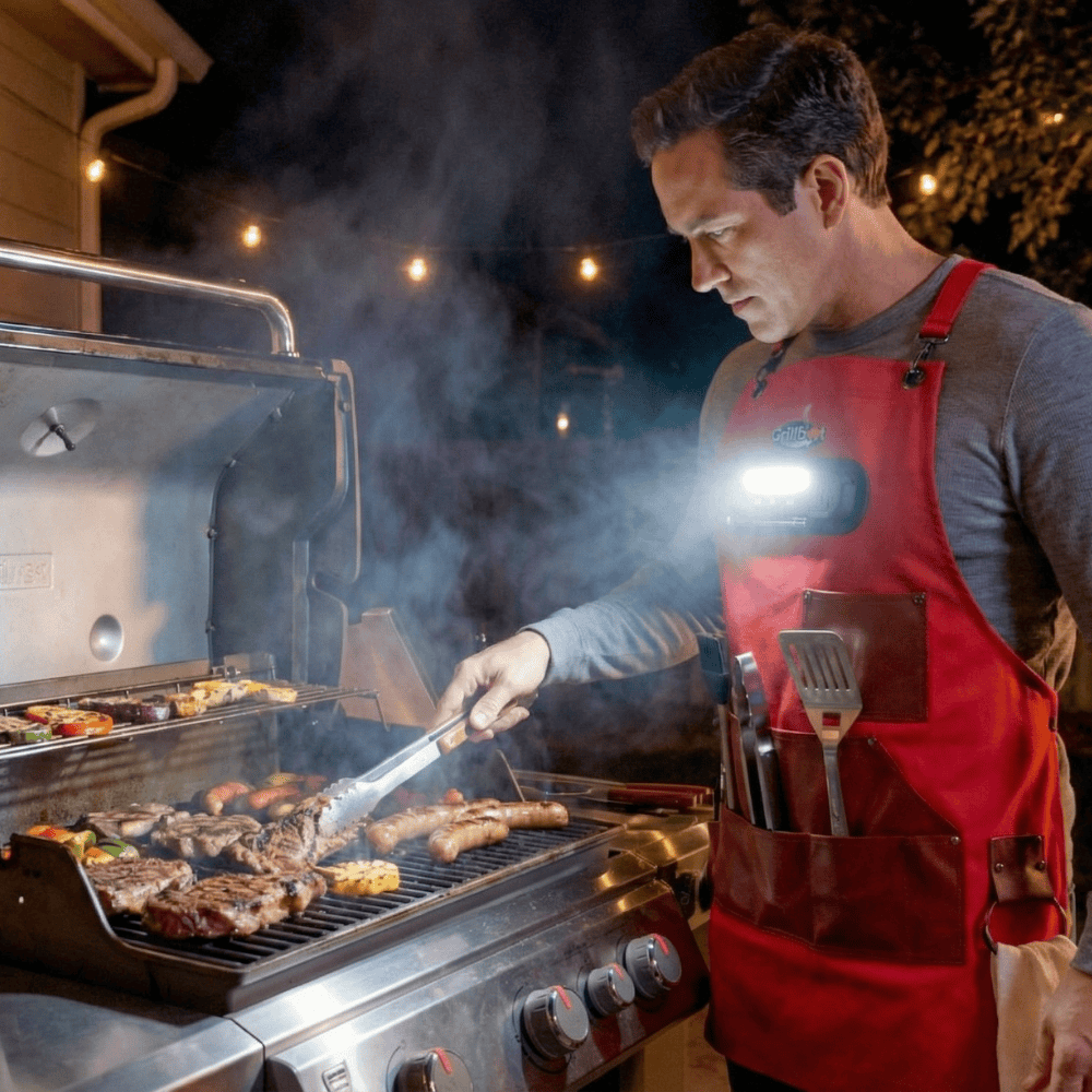 Grillbot Smart BBQ Apron with built-in LED light, Bluetooth speaker, and thermometer probe