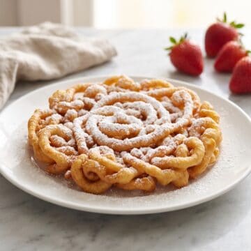 A golden homemade Funnel Cake dusted with powdered sugar on a white plate with fresh strawberries.
