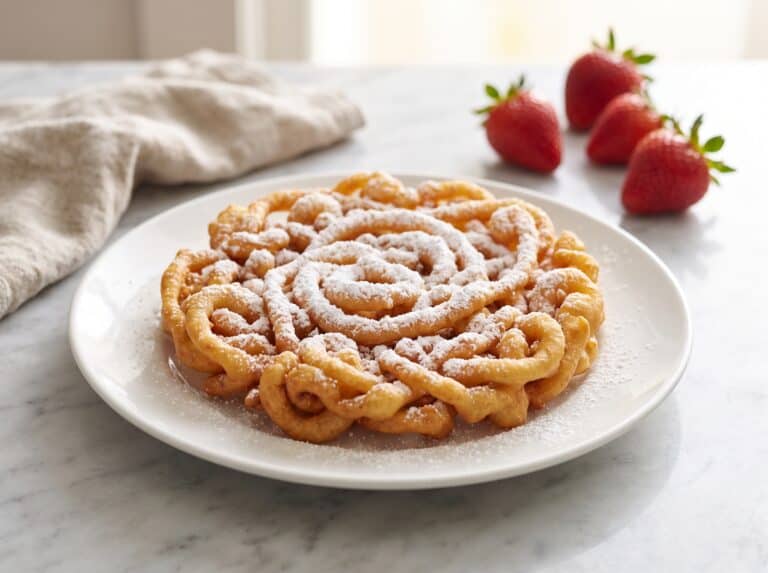 A golden homemade Funnel Cake dusted with powdered sugar on a white plate with fresh strawberries.