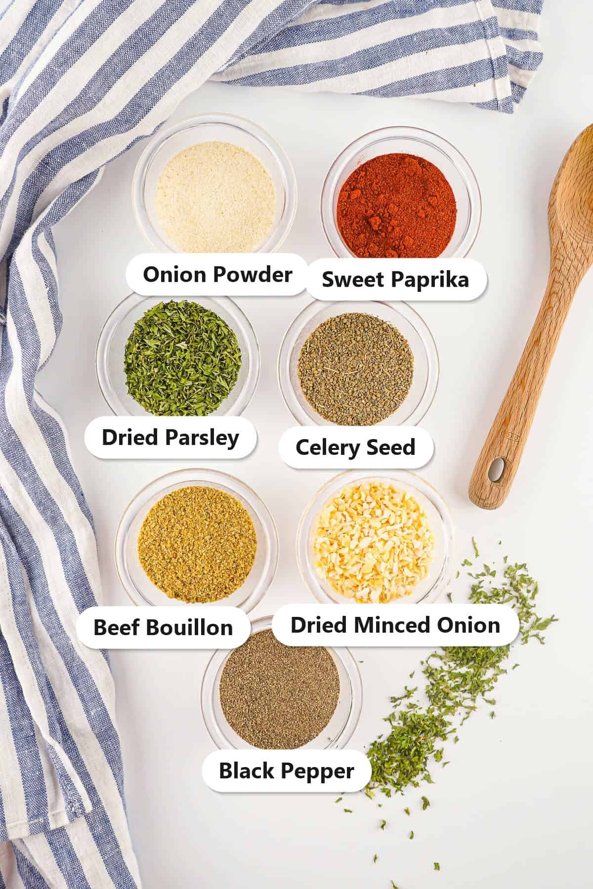 Labeled ingredients to make Homemade Onion Soup Mix: dried minced onion, beef bouillon, onion powder, dried parsley, celery seed, black pepper, and sweet paprika.