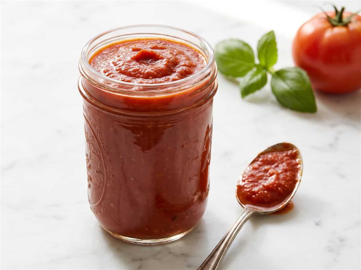 A glass jar filled with Homemade Pasta Sauce next to a spoon, fresh basil, and a tomato.