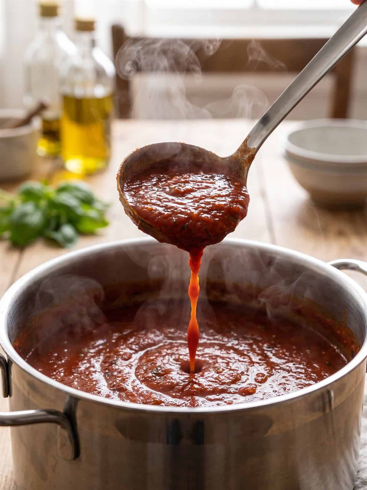 A ladle lifting thick finished Homemade Pasta Sauce from the pot.