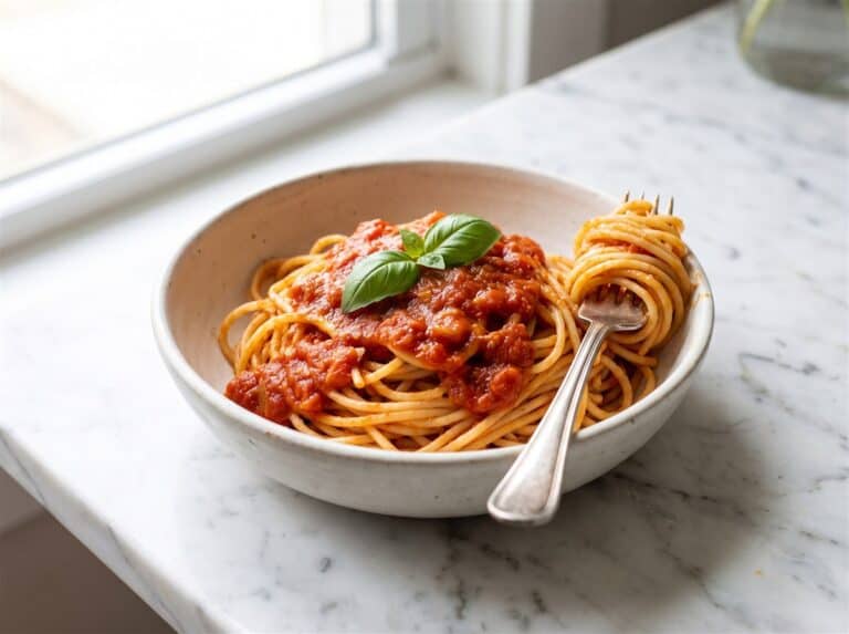 A bowl of spaghetti topped with thick Homemade Pasta Sauce and a fresh basil leaf.