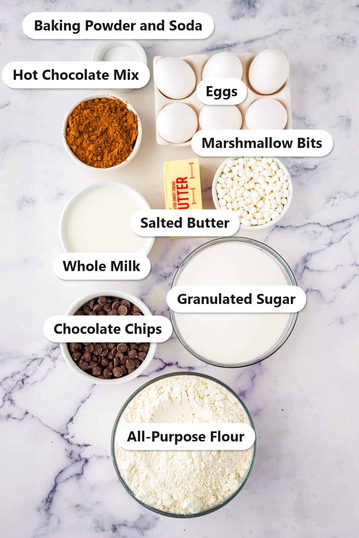 Labeled ingredients for hot chocolate cake including hot chocolate mix, flour, sugar, butter, eggs, milk, chocolate chips, and marshmallow bits.