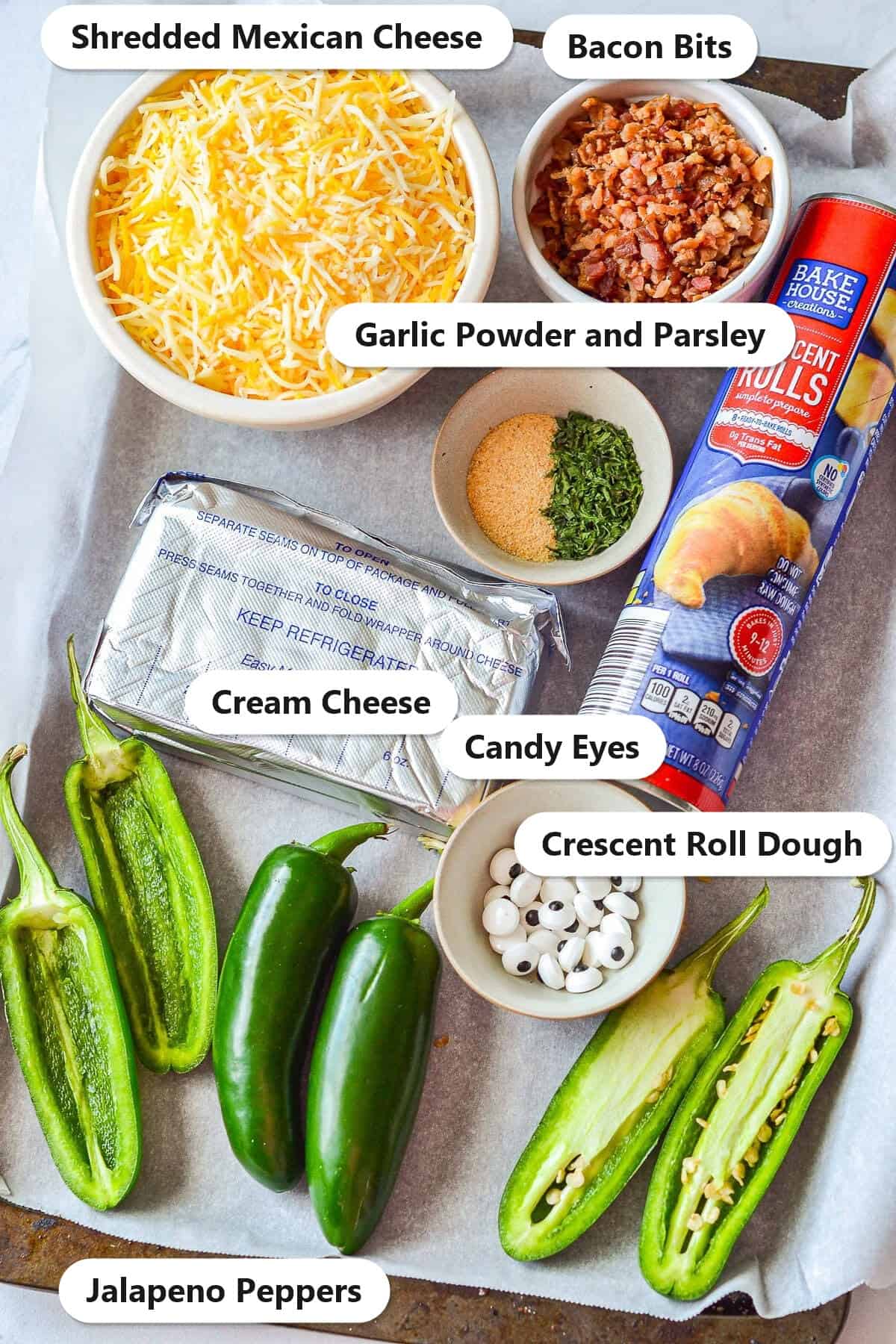 Labeled ingredients needed to make Jalapeno Popper Mummies.
