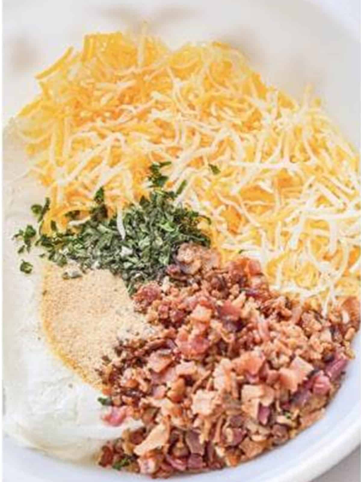 Cream cheese, shredded cheese, bacon bits, parsley, and garlic powder in a mixing bowl.