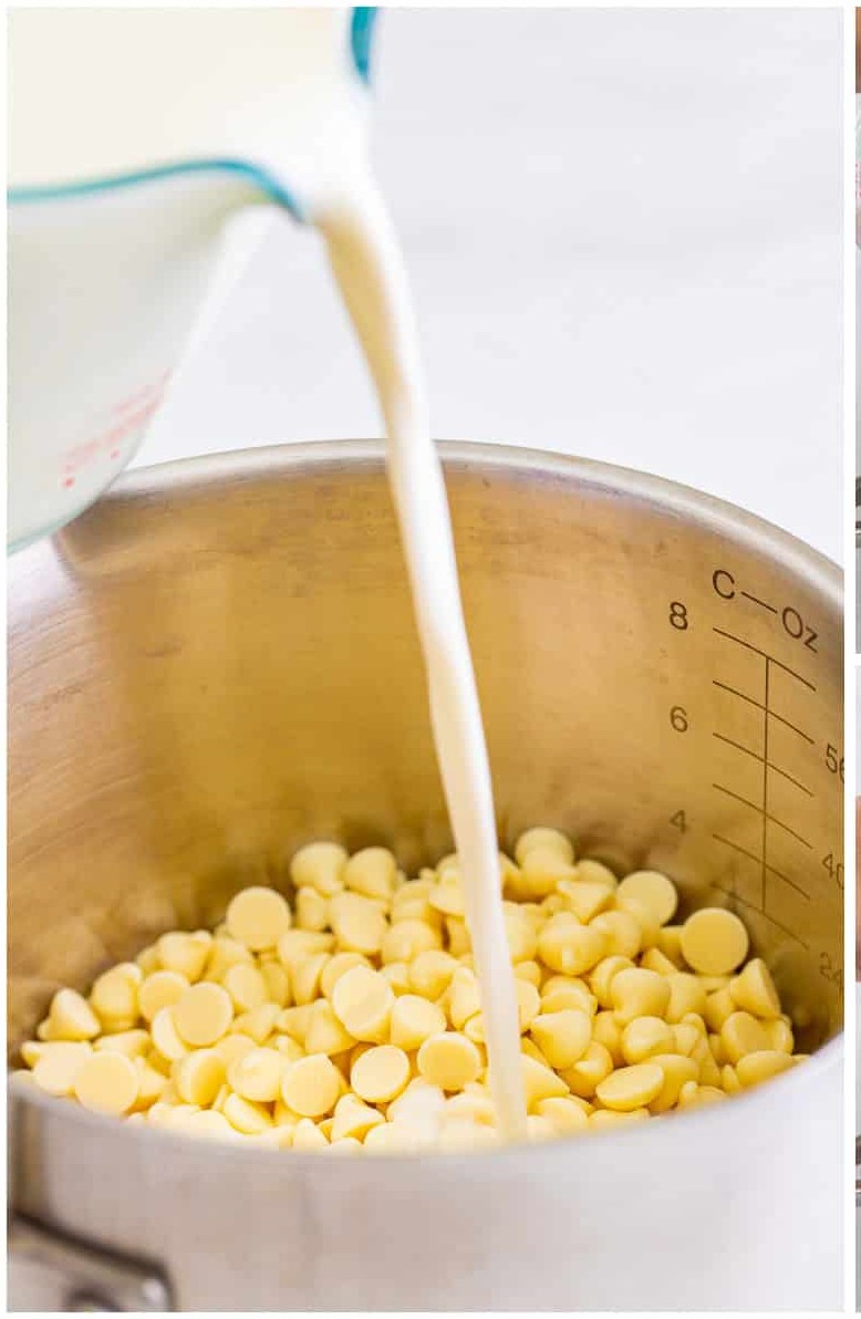 Whole milk being poured into a saucepan of white chocolate chips for kahlua hot chocolate.