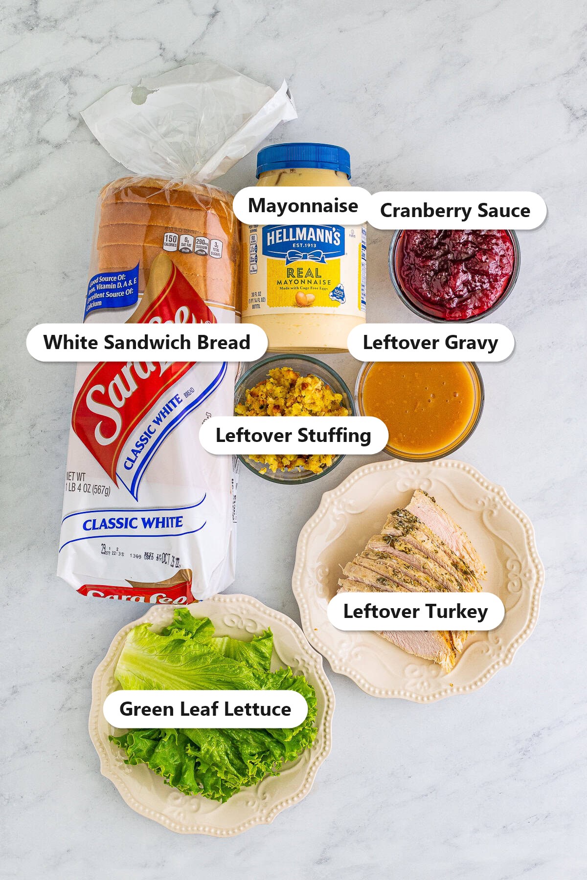 Labeled ingredients for a leftover turkey sandwich including white bread, mayonnaise, cranberry sauce, leftover stuffing, gravy, turkey, and lettuce.