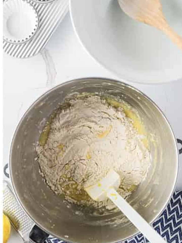 Flour mixture added to the wet ingredients for the cupcake batter.