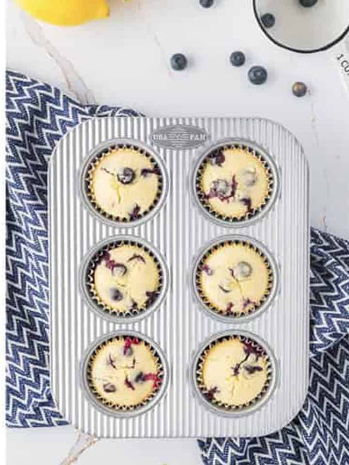 Golden baked Lemon Blueberry Cupcakes cooling in the muffin pan.