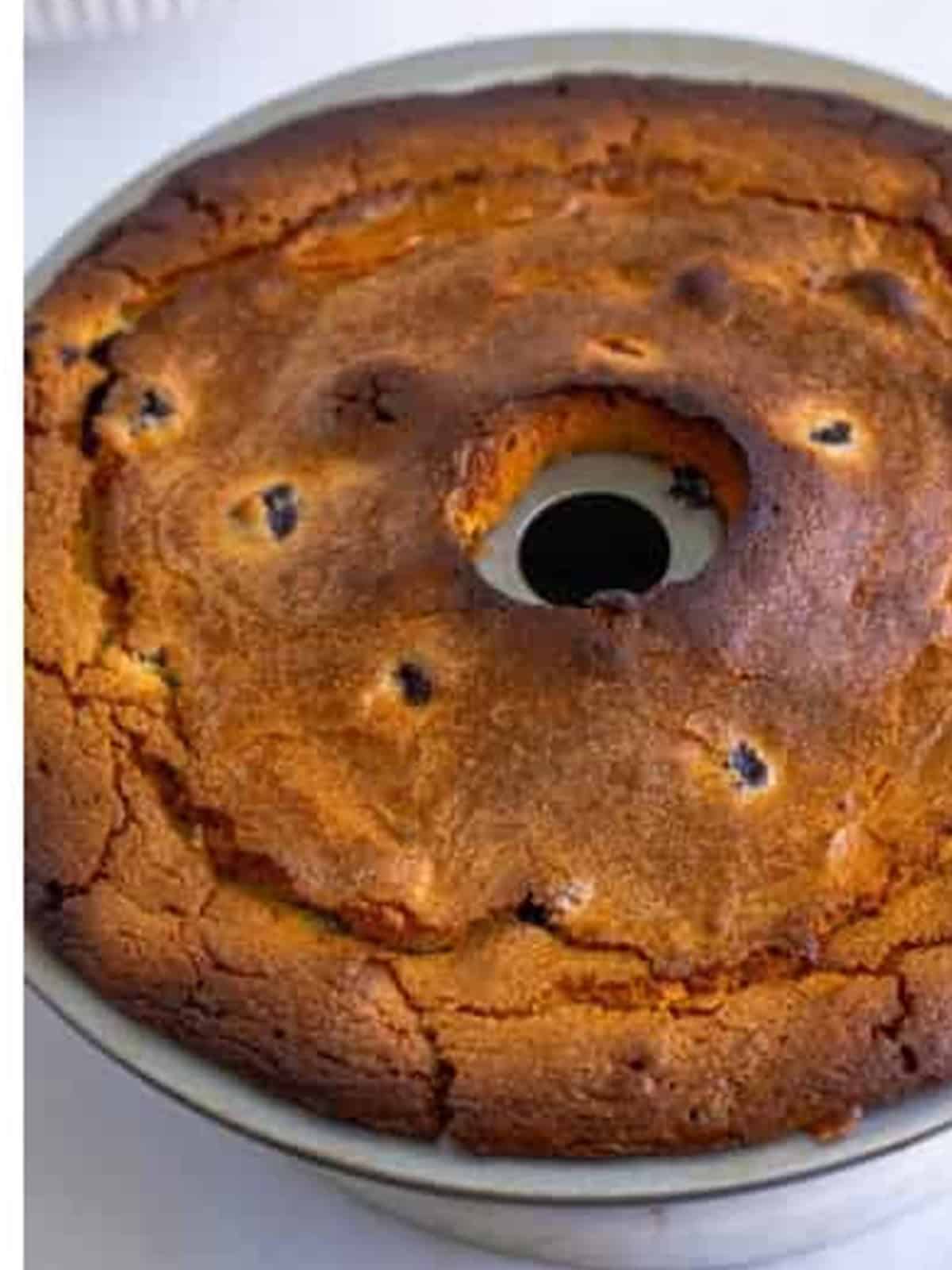 The baked Lemon Blueberry Pound Cake cooling in the bundt pan before glazing.