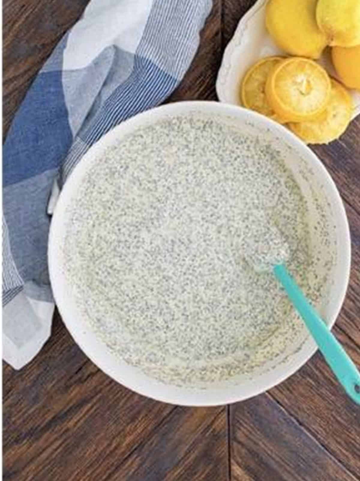 Lemon poppy seed pancake batter mixed until just combined and slightly lumpy.