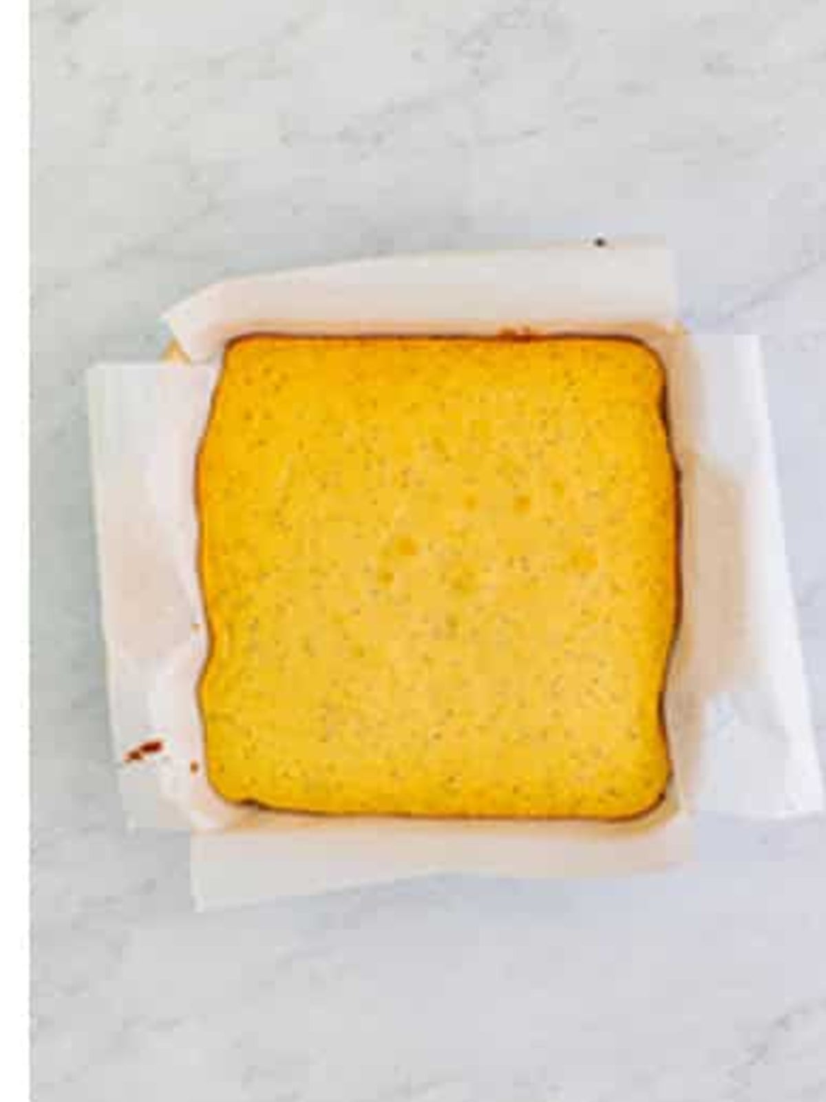 Lemon poppyseed bar batter pressed into a parchment lined pan and baked golden.