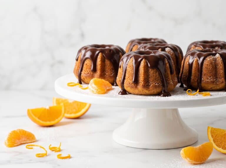 Mini Bundt Cakes with glossy chocolate glaze on a white cake stand with fresh orange slices.