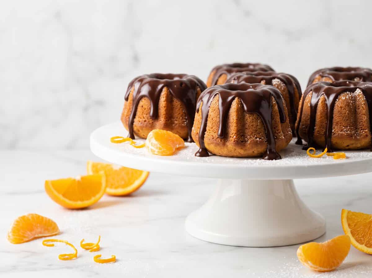 Mini Bundt Cakes with glossy chocolate glaze on a white cake stand with fresh orange slices.