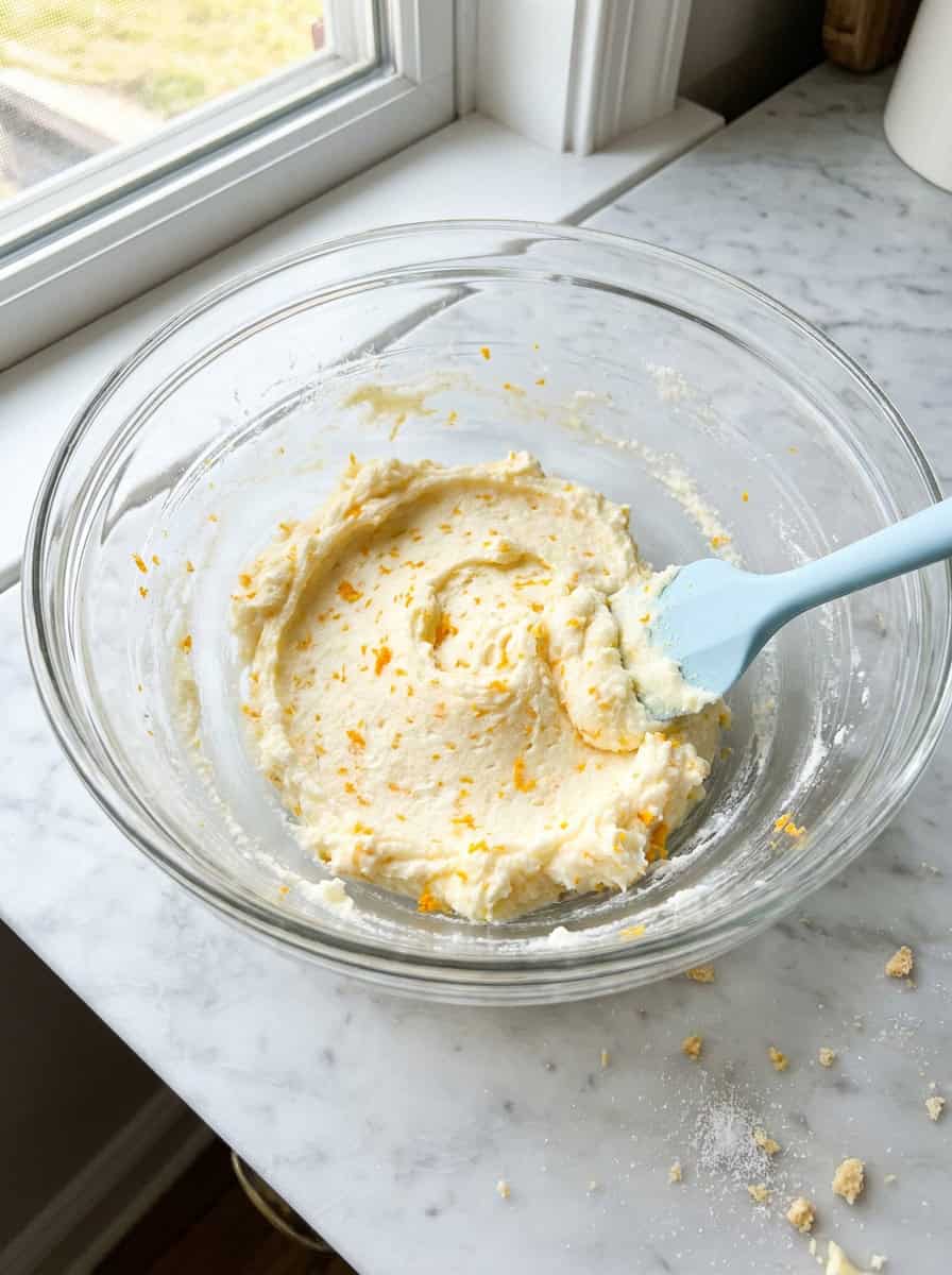 Creamed butter and sugar with fresh orange zest in a glass mixing bowl for Mini Bundt Cakes.