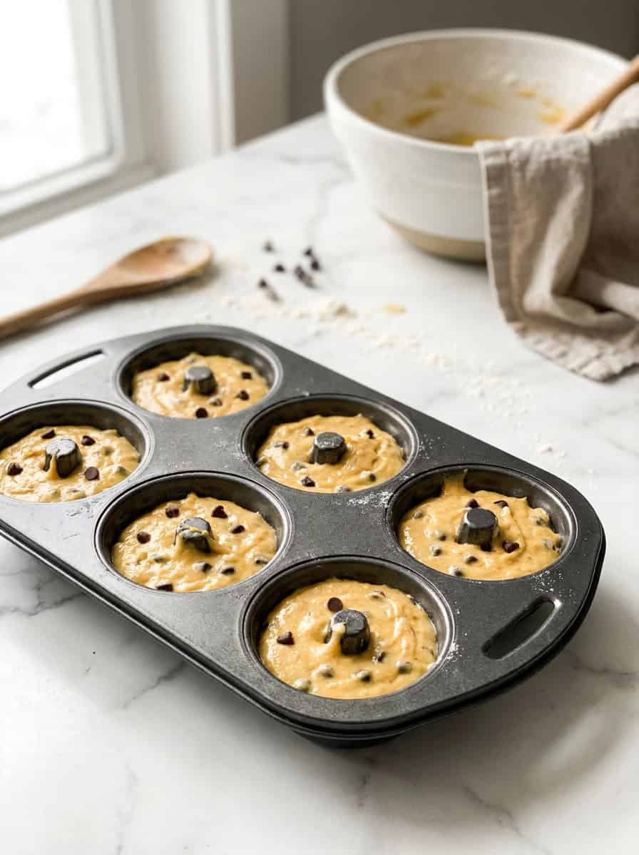 Mini bundt pan molds filled with orange batter dotted with chocolate chips.