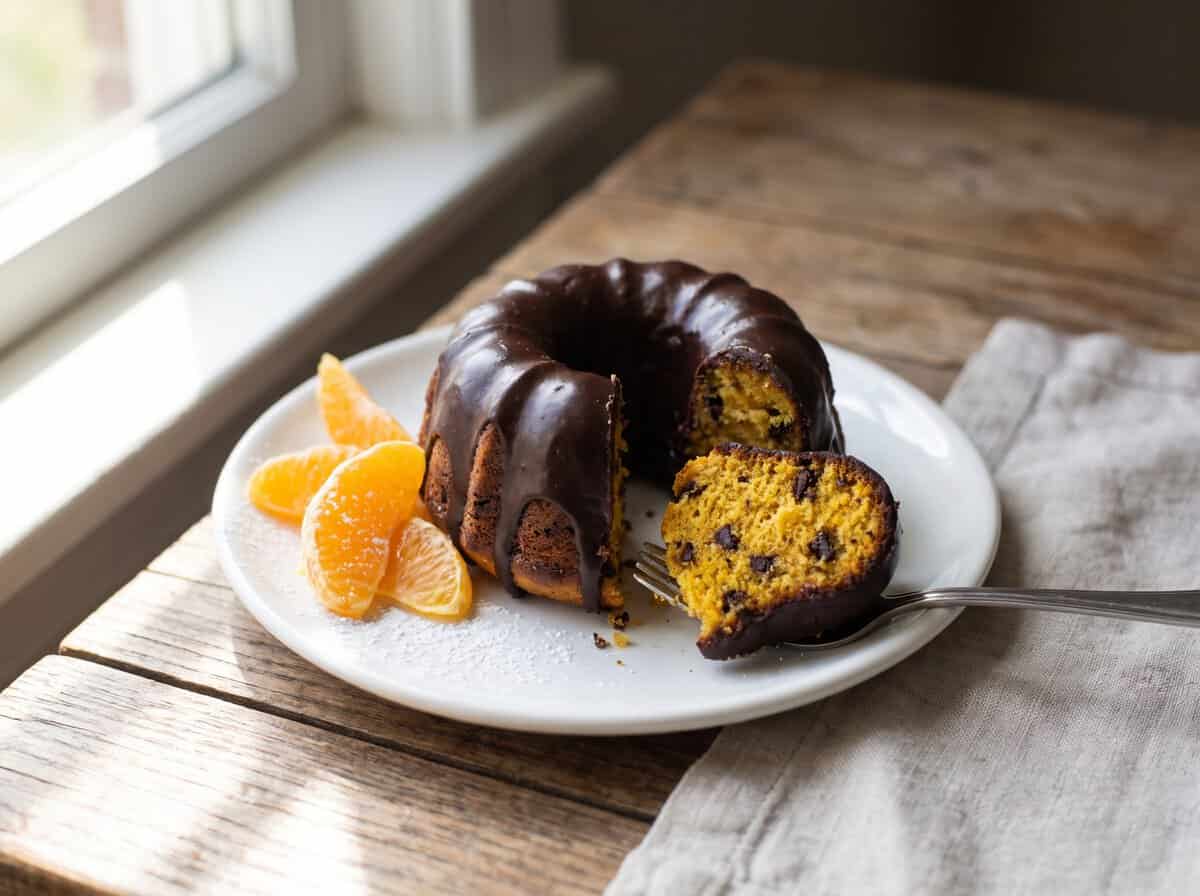 A Mini Bundt Cake cut open showing the tender orange crumb with chocolate chips inside.