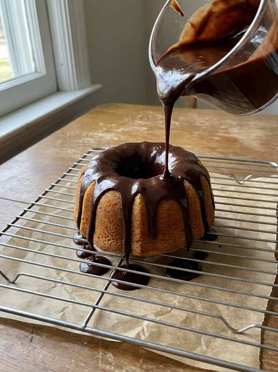 Chocolate glaze being poured over a cooled mini bundt cake on a wire rack.
