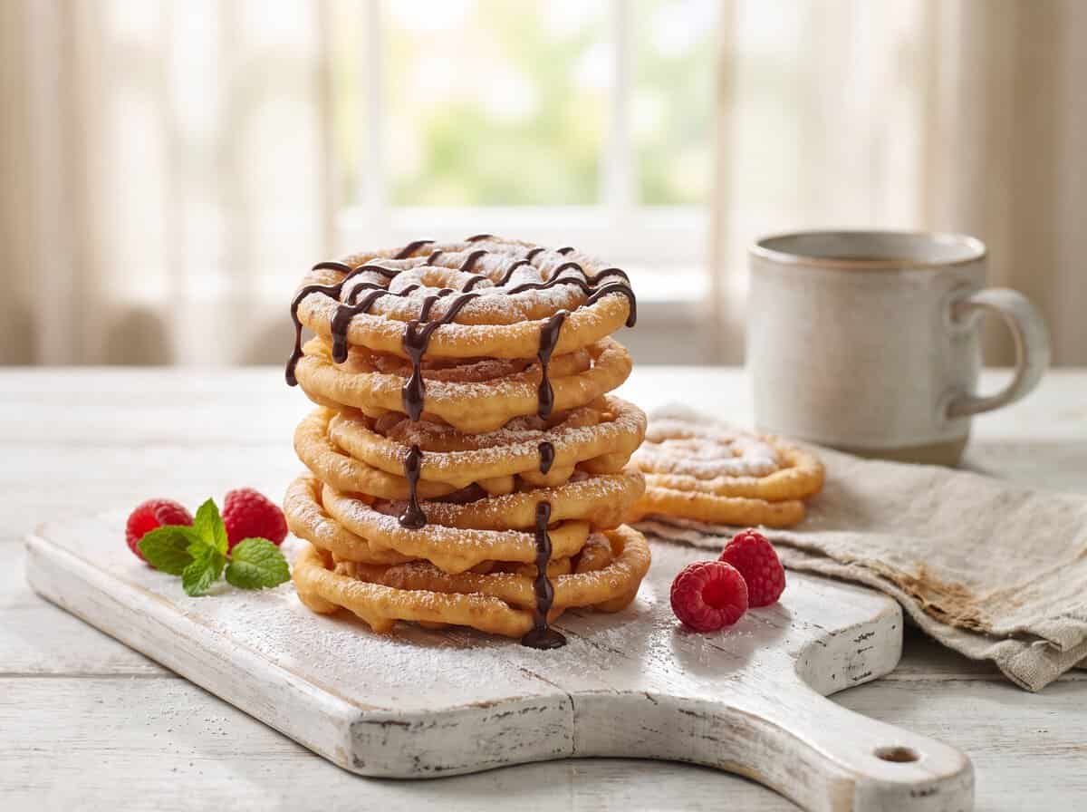 A stack of mini Funnel Cakes drizzled with chocolate and dusted with powdered sugar on a serving board.