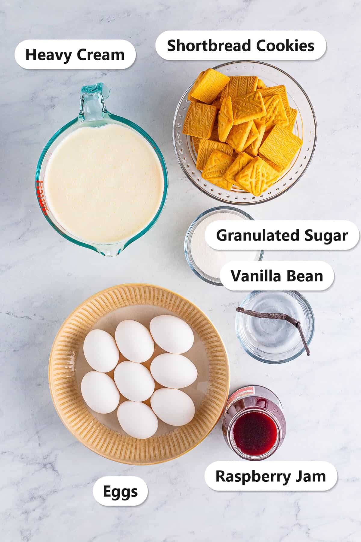 Labeled ingredients for mini trifles including heavy cream, shortbread cookies, granulated sugar, vanilla bean, eggs, and raspberry jam.