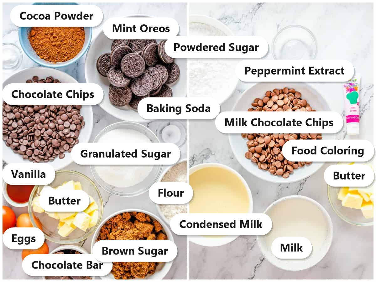 Labeled ingredients for Mint Brownies including cocoa powder, mint Oreos, chocolate chips, butter, eggs, sugars, peppermint extract, food coloring, milk chocolate chips, and condensed milk.