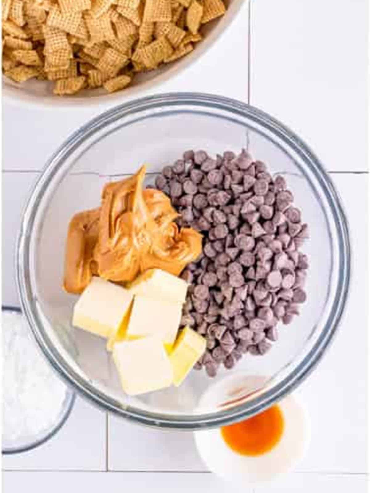 The melted chocolate peanut butter mixture stirred smooth with vanilla.