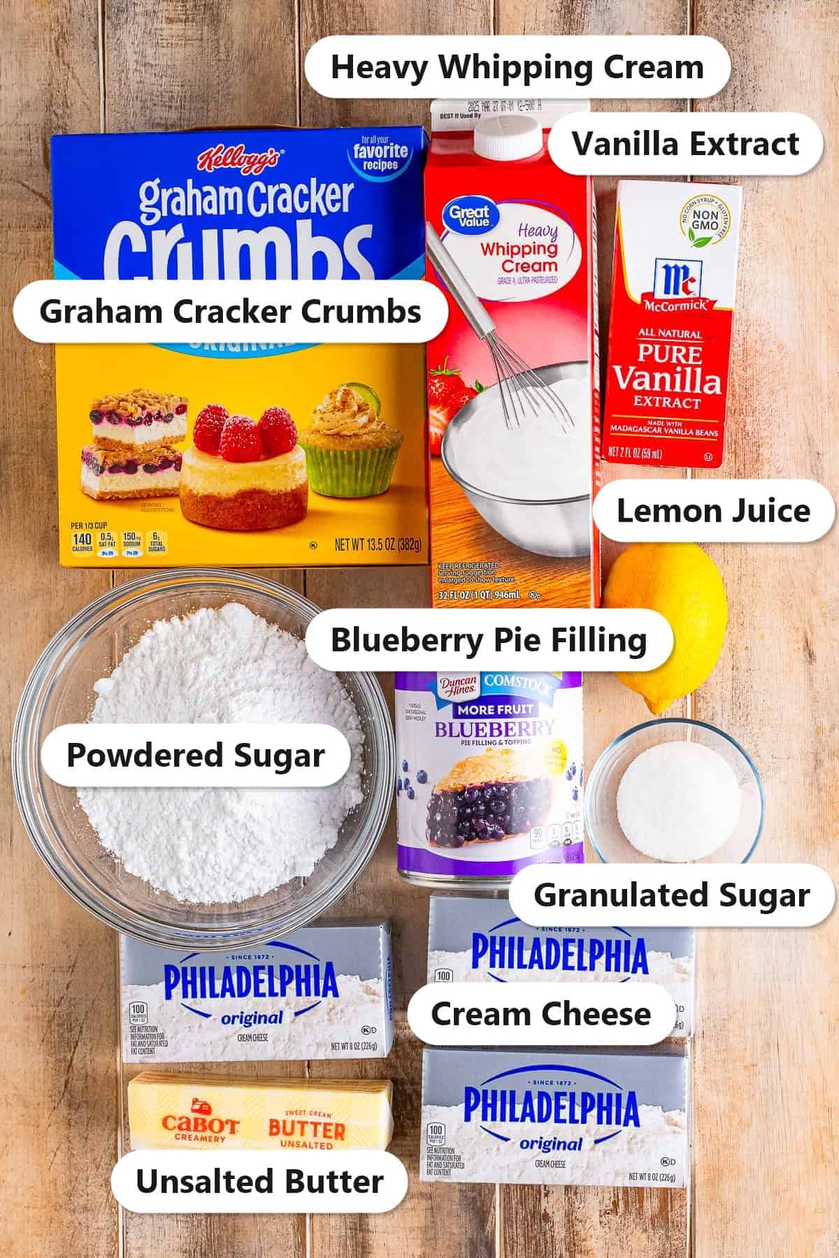 Labeled ingredients for No Bake Blueberry Cheesecake including graham cracker crumbs, cream cheese, heavy whipping cream, powdered sugar, blueberry pie filling, lemon, vanilla, sugar, and butter.