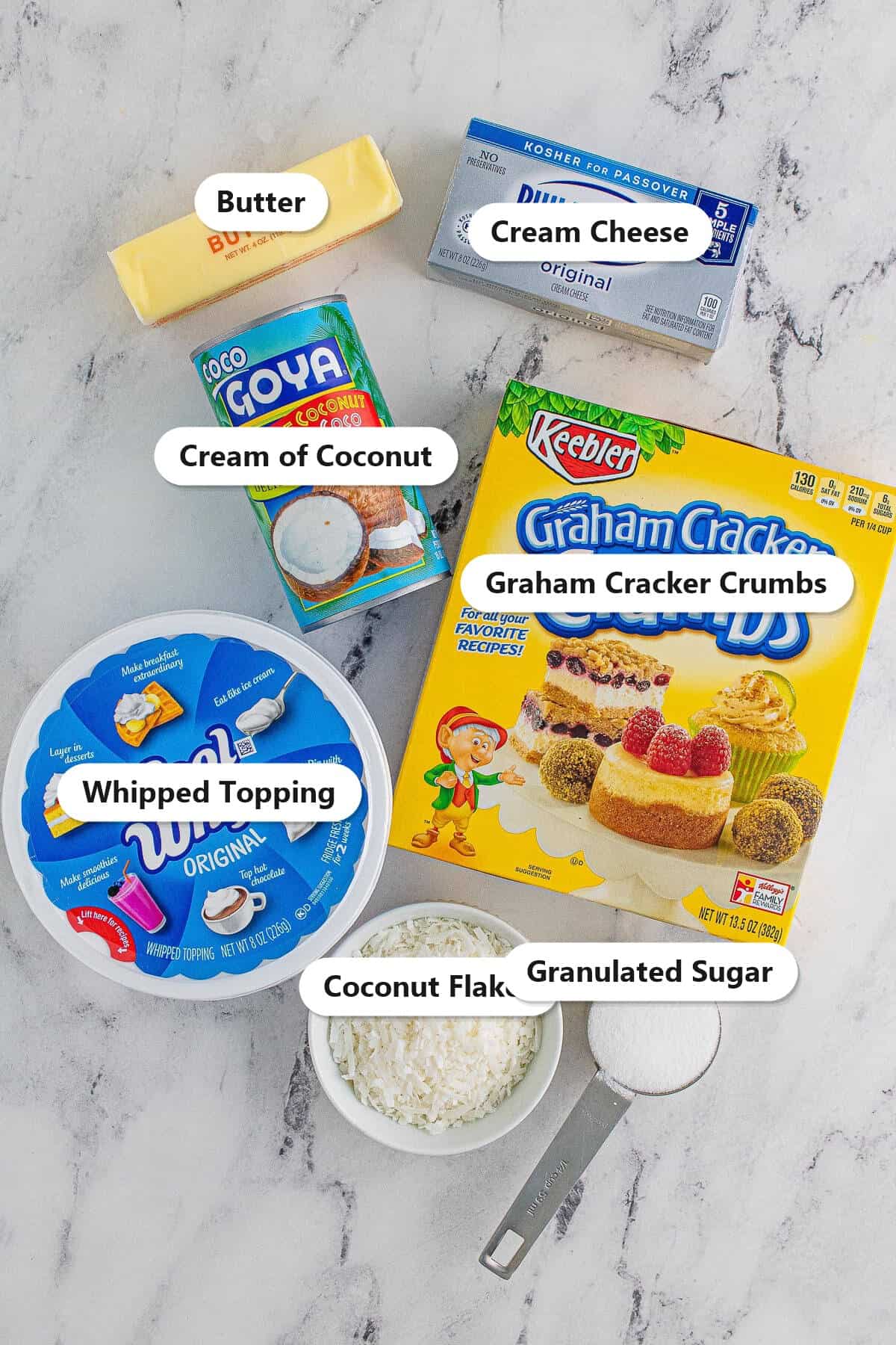 Labeled ingredients for no bake coconut cream pie including graham cracker crumbs, butter, cream cheese, cream of coconut, coconut flakes, sugar, and whipped topping.