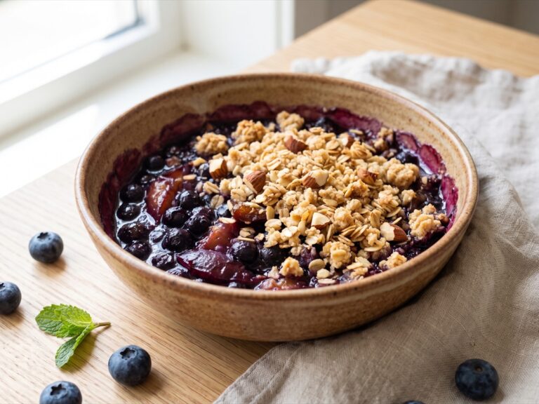 A bowl of no bake blueberry plum crumble with a golden oat and almond crumble topping.